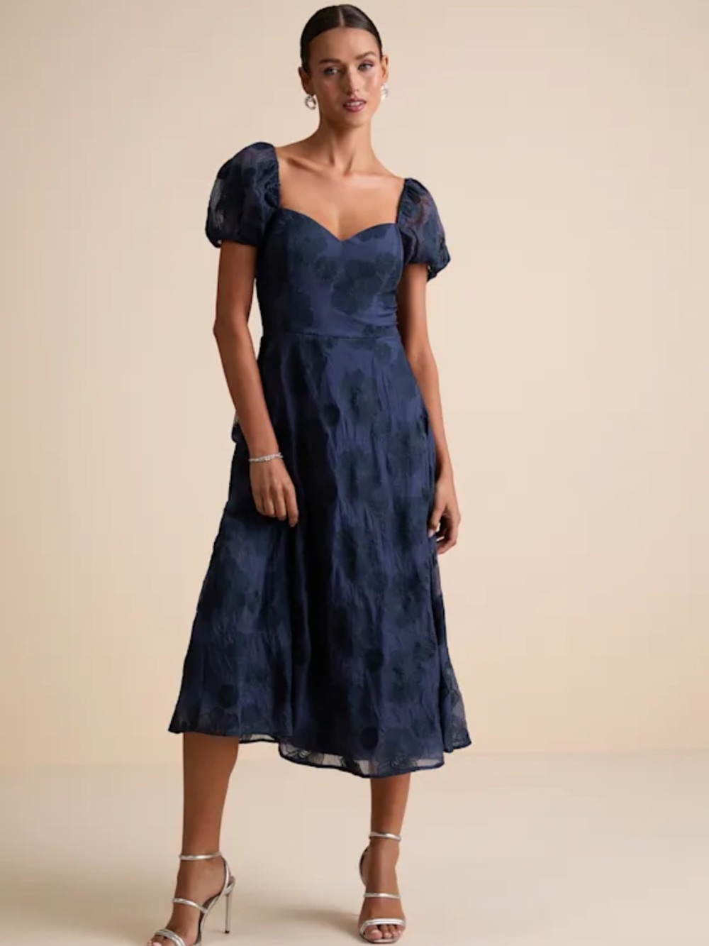 Lulu's Navy  Embroidered Puff Sleeve Whimsical Dress